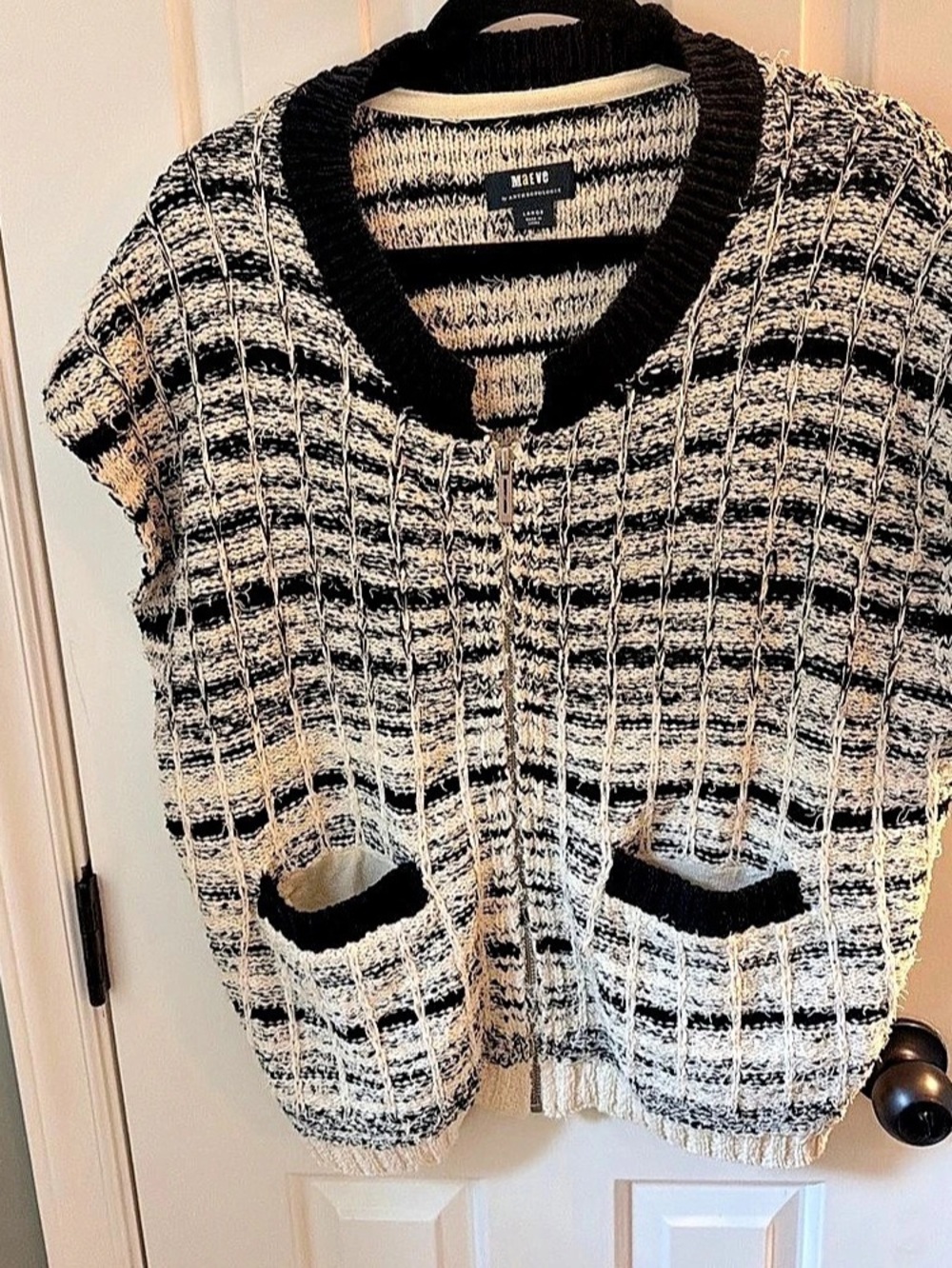 Maeve Tweed Zippered Sweater Vest Striped Black & White Large